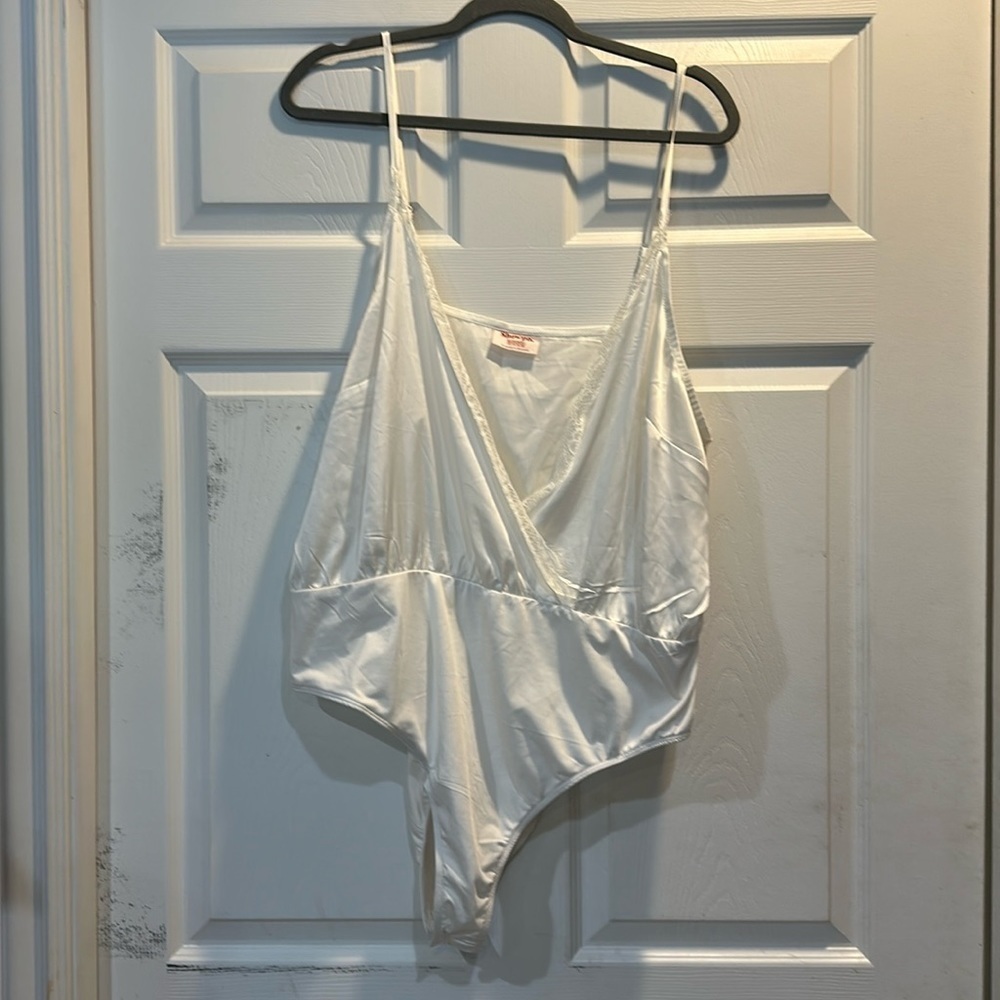 Showpo White Satin Plunge Faux Wrap Bodysuit 16